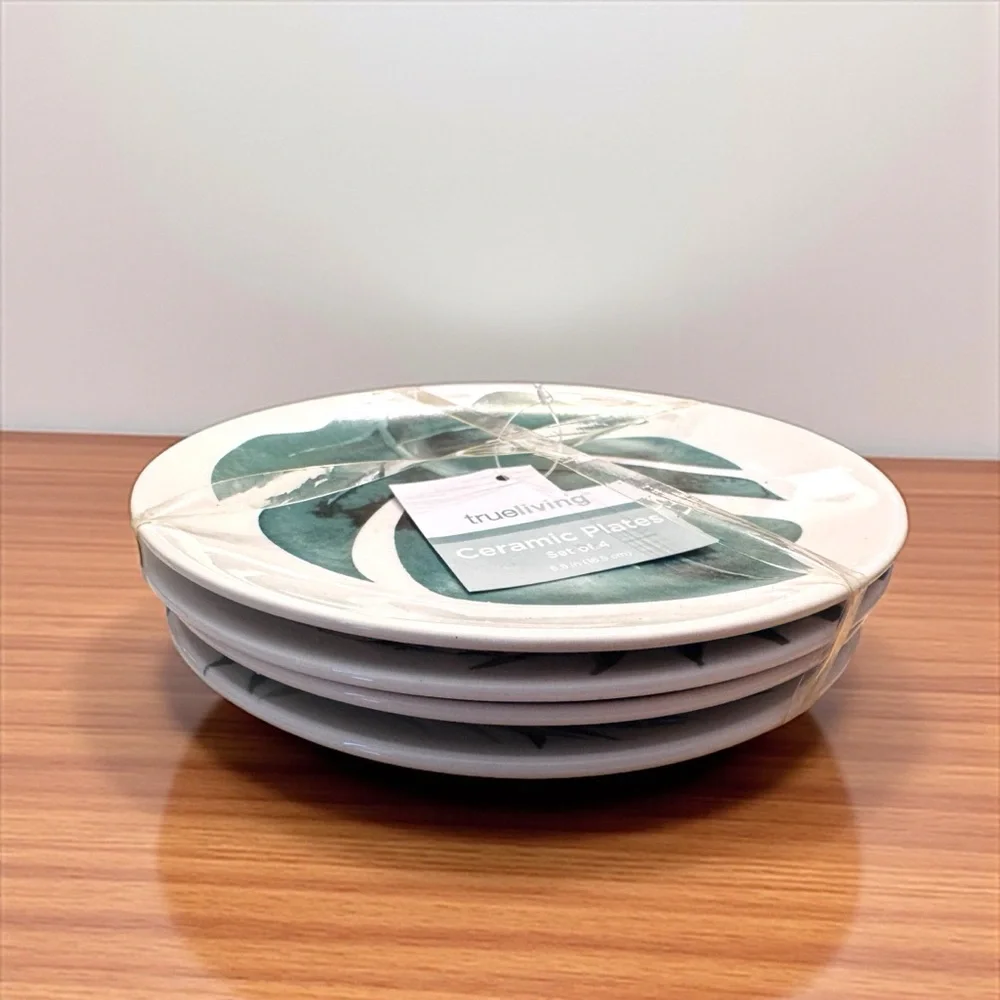 Trueliving Tropical Leaf Ceramic Plate Set 4pc Boho Palm Monstera NWT
